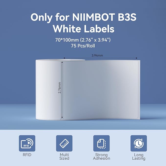 NIIMBOT B3S Label Tape 70x100mm NIIMBOT Labels, 75 Labels/Roll, White